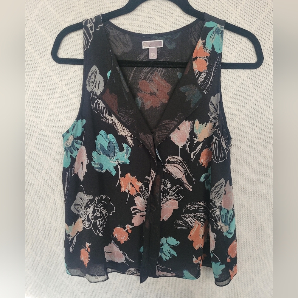 Chelsea28 Black Floral Tie-Front Sleeveless Camisole with Teal & Peach Blooms